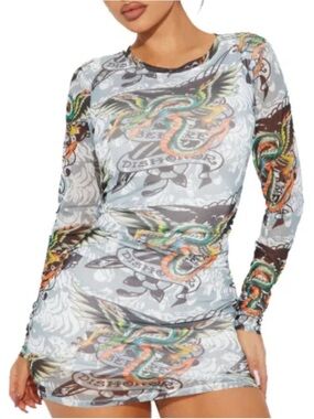 Ed Hardy Tattoo Print Long Sleeve Mesh Dress Dragon Roses Graphic Size XL NWT!